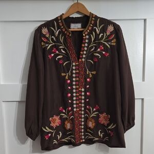 Johnny Was Brown Top with Colorful Embroidery